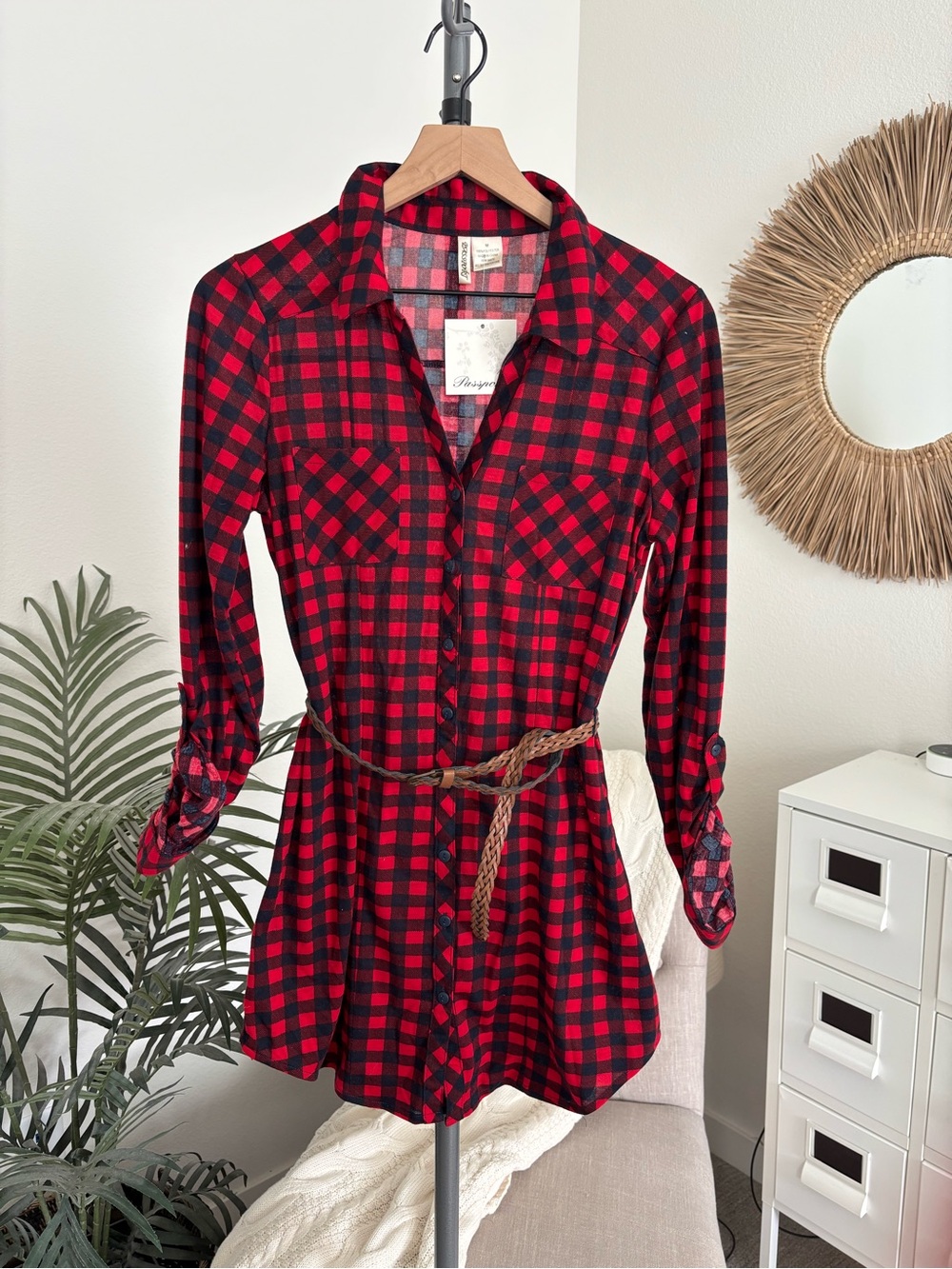 NWT Red & Black Buffalo Plaid Belted Shirt Dress Medium